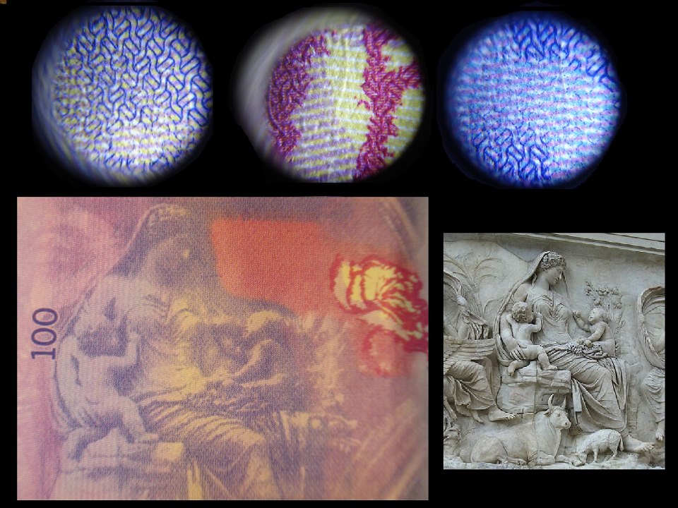 Observación con aumento de elementos de seguridad en el billete Evita con instrumental óptico