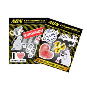 Planchas de stickers temáticos forenses a prueba de agua x 2un.
