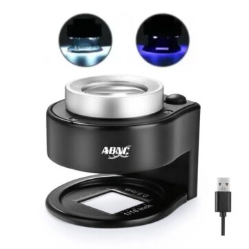 Lupa cuentahilos 30x metálica de apoyo con luz UV y LED recargable USB